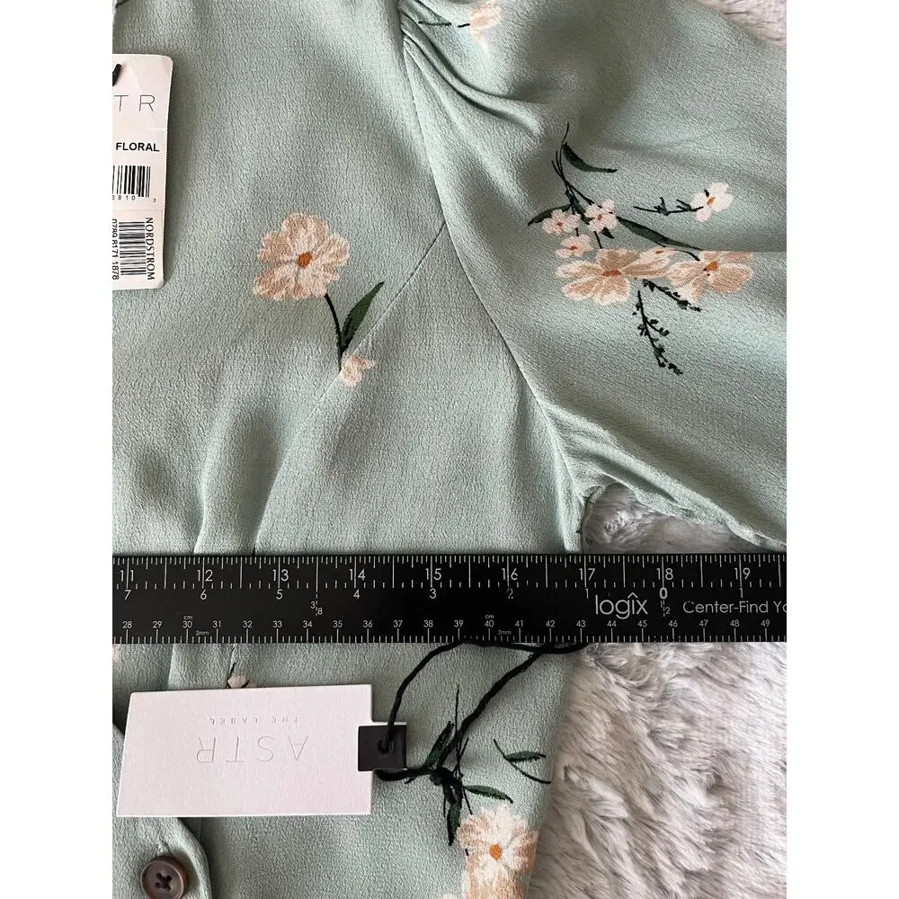 ASTR The Label Wrap Blouse NWT Women's S Sage Floral Puff Sleeve Boho Romantic